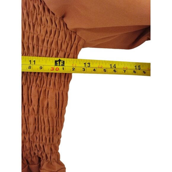 Long sleeve ruched dress in rust orange with ruffled hem, polyester. Size L NWT - Picture 10 of 10
